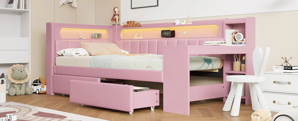 Daybed imbottito 90x200 cm rosa con USB, illuminazione LED, scrivania integrata e 2 cassetti
