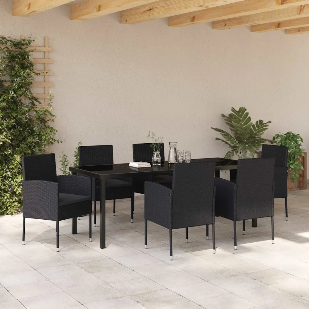 Set da Pranzo per Giardino con cuscino 7 pcs Nero polyrattan