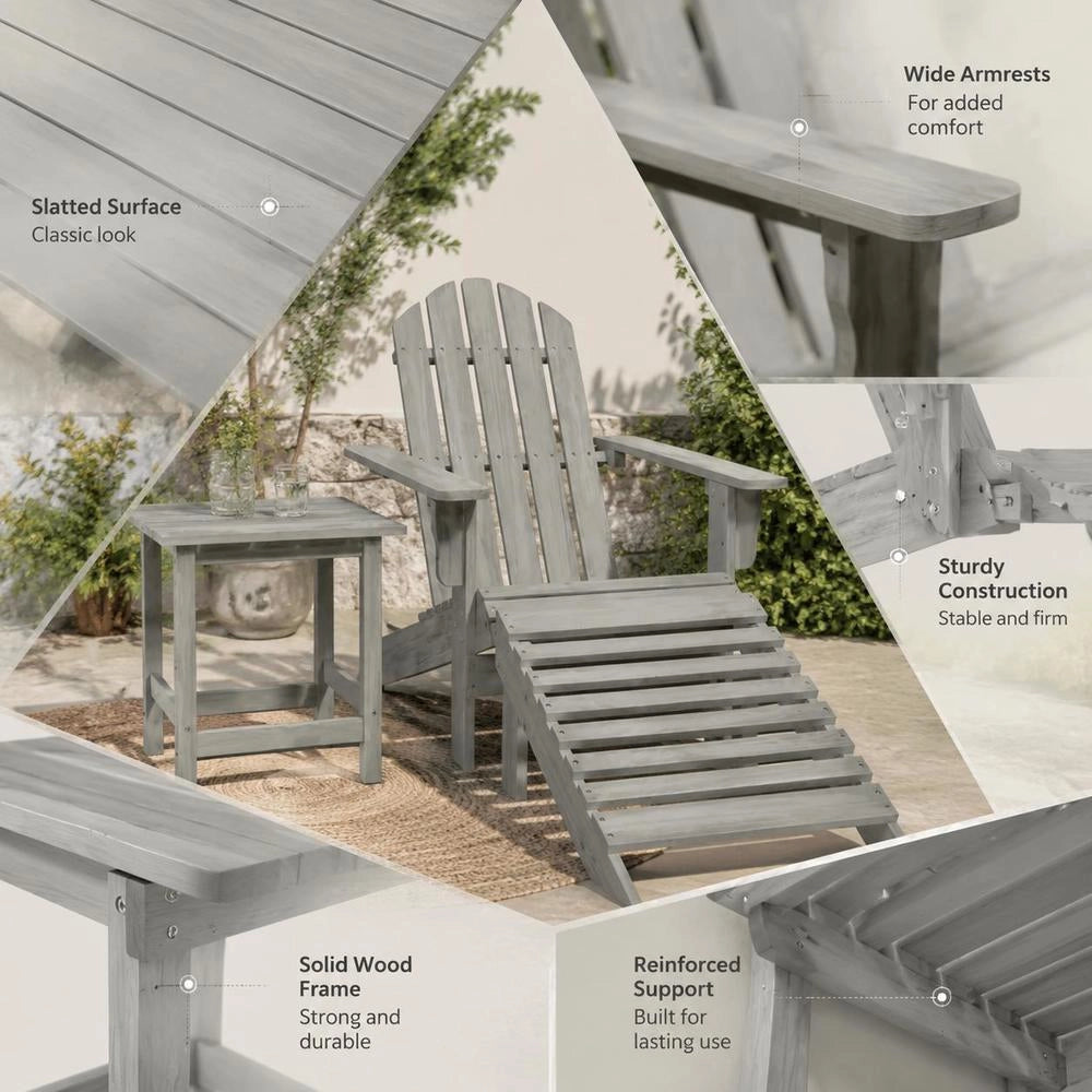 Adirondack Garden Chair With Footrest & Table, Fir Wood, Grey