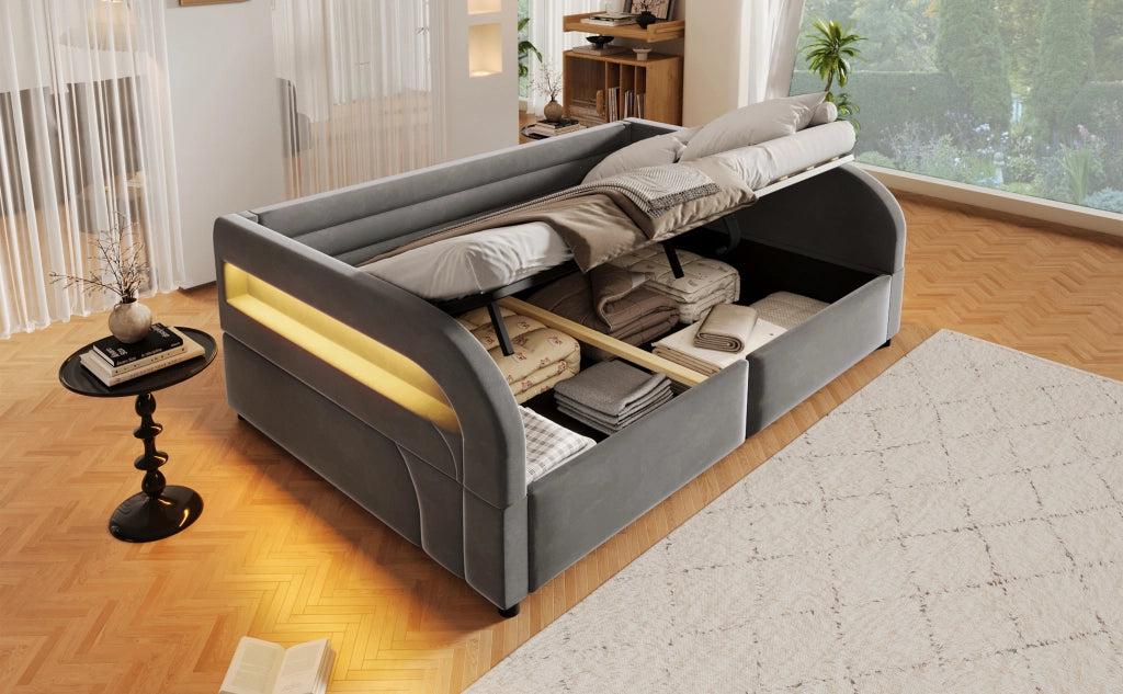 Letto contenitore 140x200 imbottito grigio con luci LED e vano portaoggetti