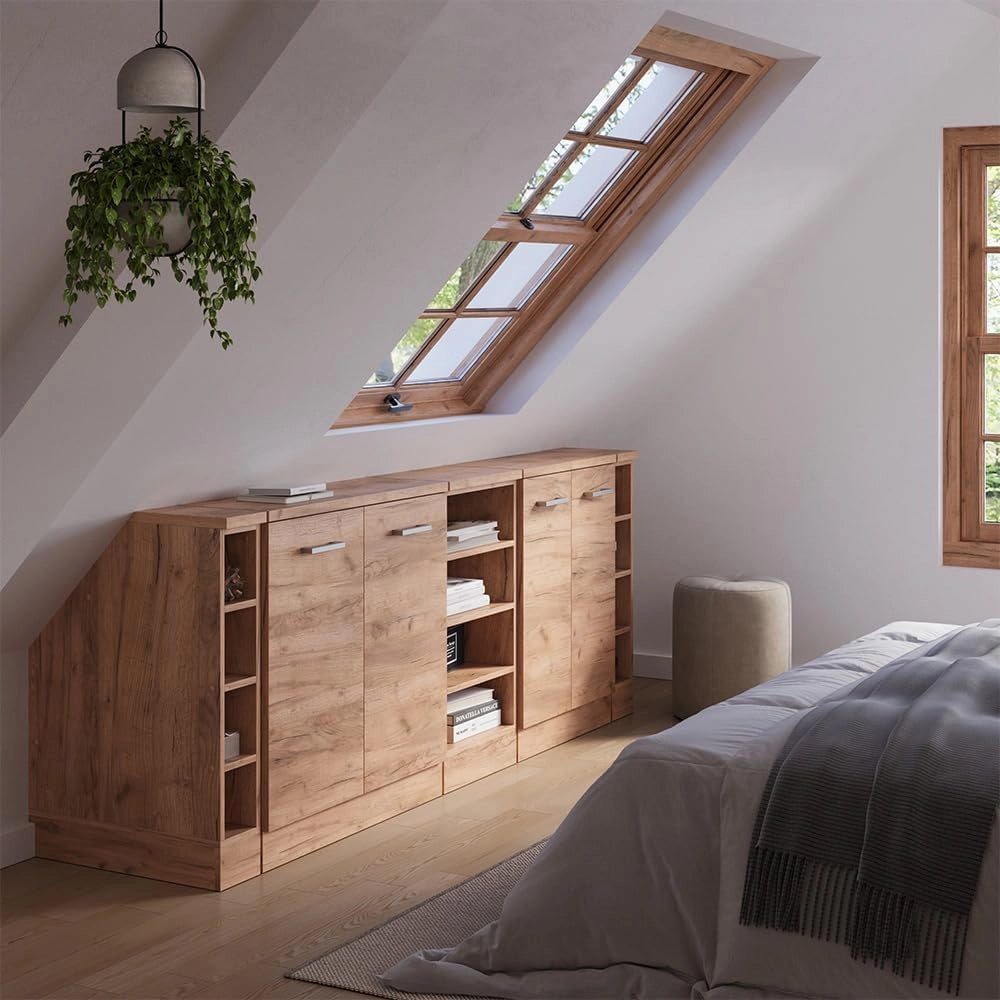 Set di mobili sottotetto Rion, Quercia dorata, 210 cm Set di 5 carcasse armadio profondità 60 cm, adatto per il salvaspazio sotto tetti spioventi