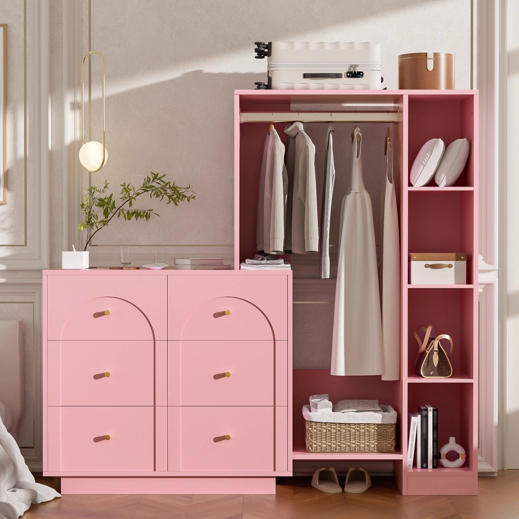Armadio con 6 cassetti e asta - per camera da letto - 139×35×133 cm - rosa
