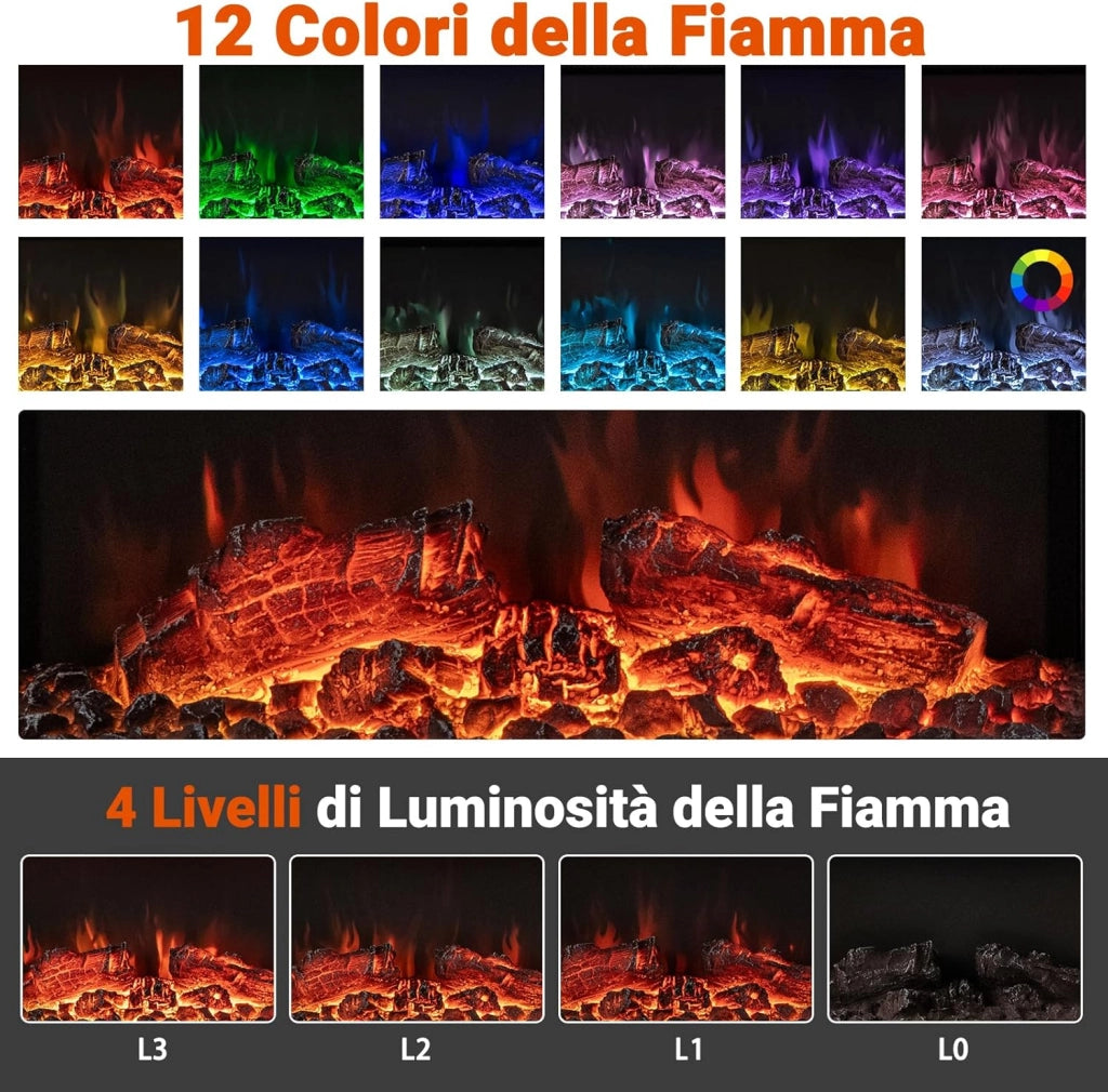 Camino Elettrico, 750W/1500W Caminetto con Luci LED, Telecomando, 12 Colori di Fiamma, Timer 8H Mensola Galleggiante e Protezione Surriscaldamento