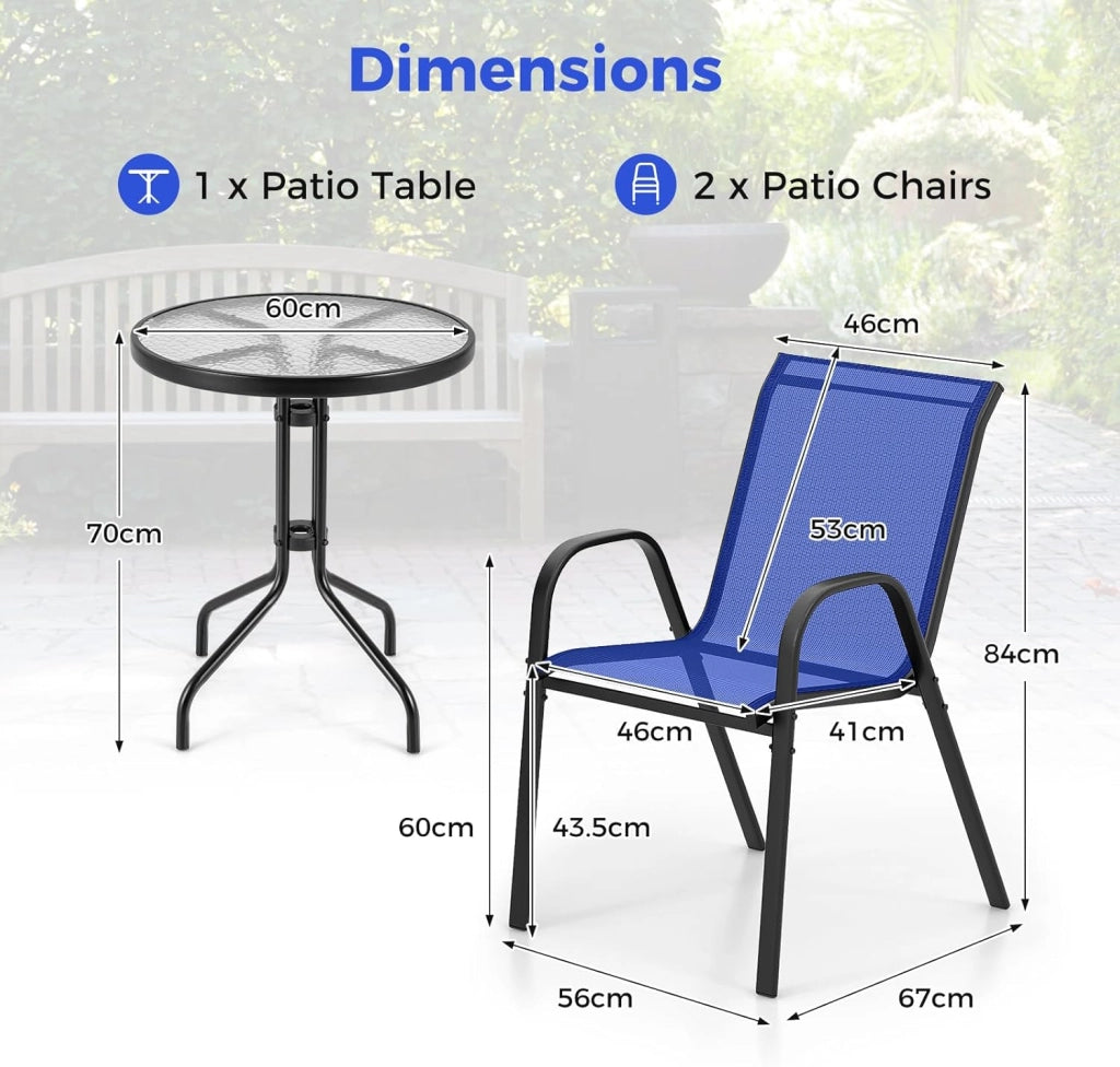 Set di 2 Sedie da Giardino con Tavolo in Vetro, Schienale Alto e Seduta Larga, Telaio in Acciaio Verniciato a Polvere, Tessuto Textilene Traspirante, per Balcone e Esterno (Blu)