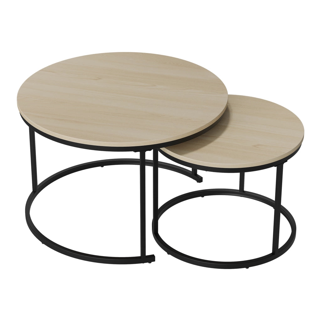 Set di 2 tavolini da salotto impilabili rotondi, effetto rovere, struttura in metallo, stile moderno