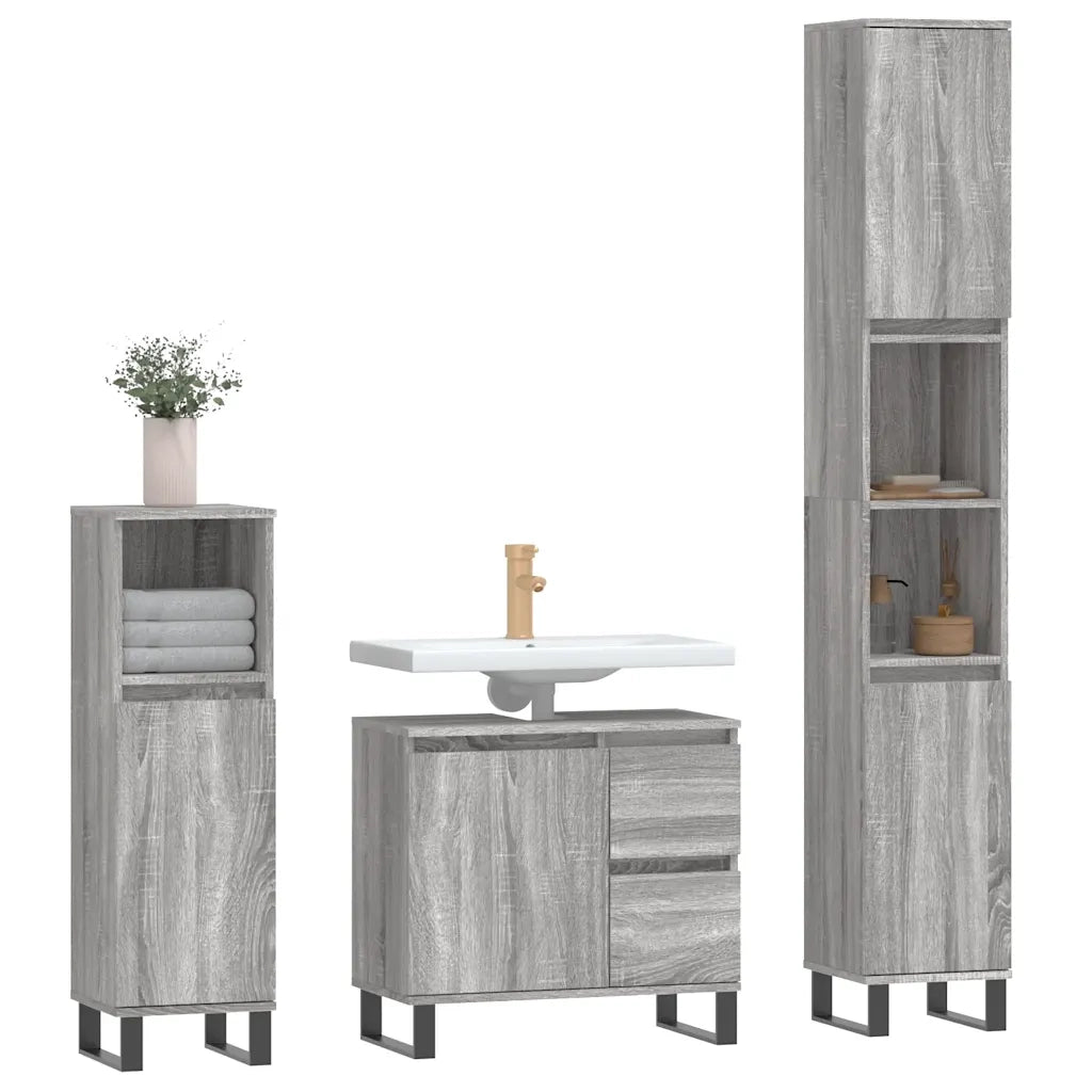 Set Mobili da Bagno 3 pz Grigio Sonoma in Legno Multistrato 3190235