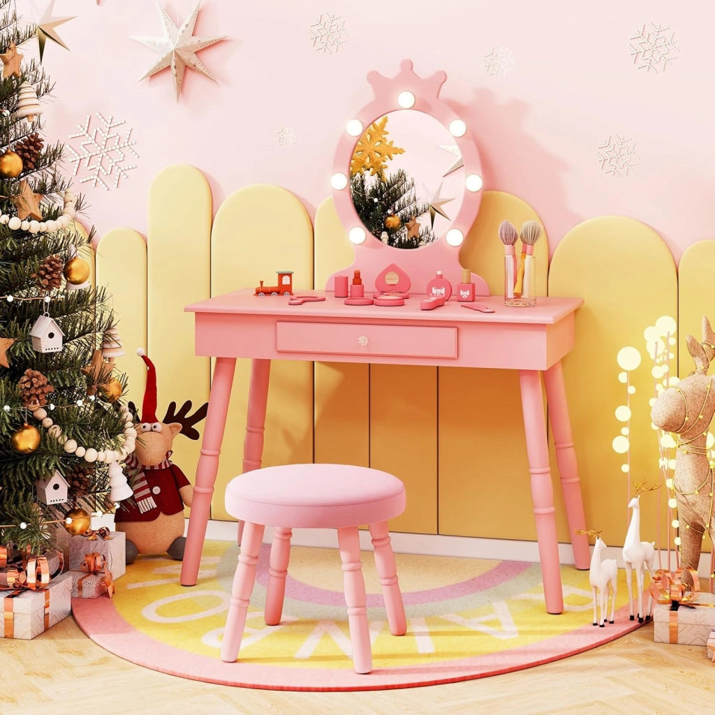 Set Toeletta Trucco per Bambina con Sgabello, Specchiera Trucco Staccabile con Luci LED a 3 Colori, Postazione Trucco Giocattolo con Cassetto e Accessori, per Bambine di 3-7 Anni (Rosa)