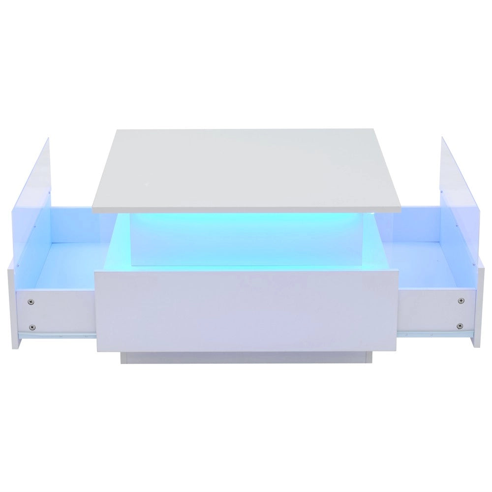 Tavolino da Caff¨¨ LED con 2 Cassetti e Piano Trasparente ¨C MINIMAL ¨C Bianco Lucido 70x70x41