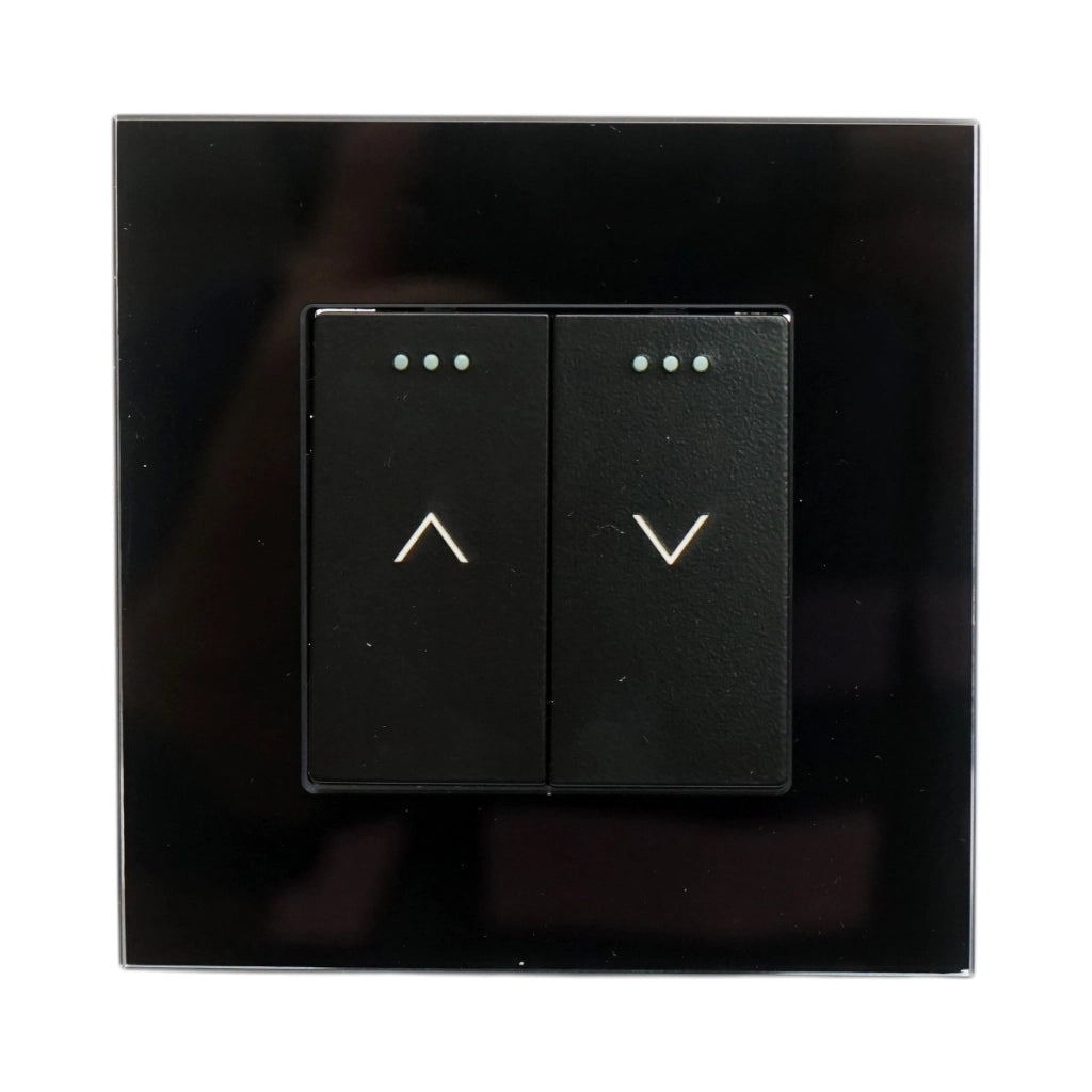 Interruttore doppio per tapparelle da incasso nero 220V, 16AX, spia luminosa, cornice in vetro 86x86x34mm