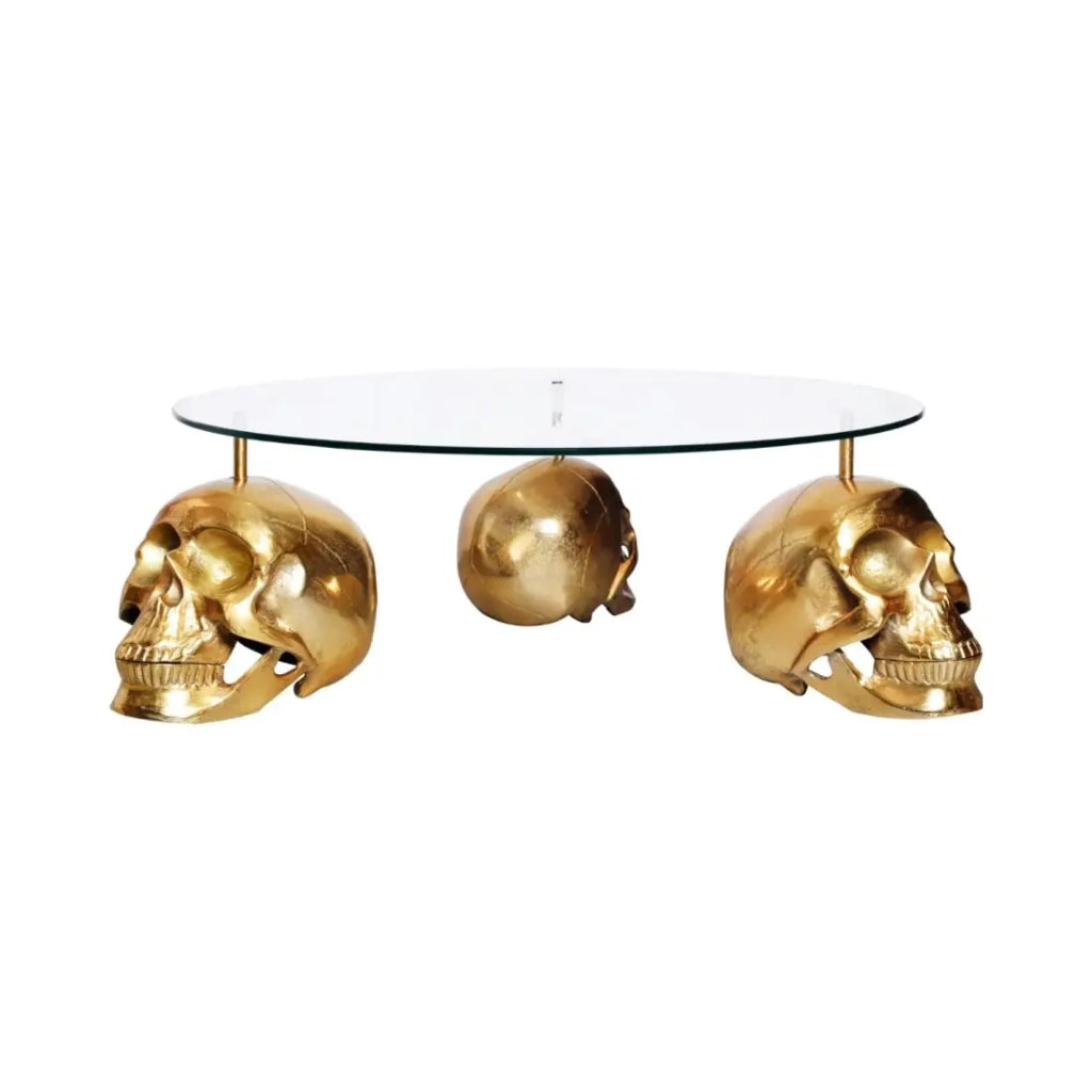Tavolino basso CRANY rotondo 90 cm in alluminio dorato e vetro temperato stile barocco