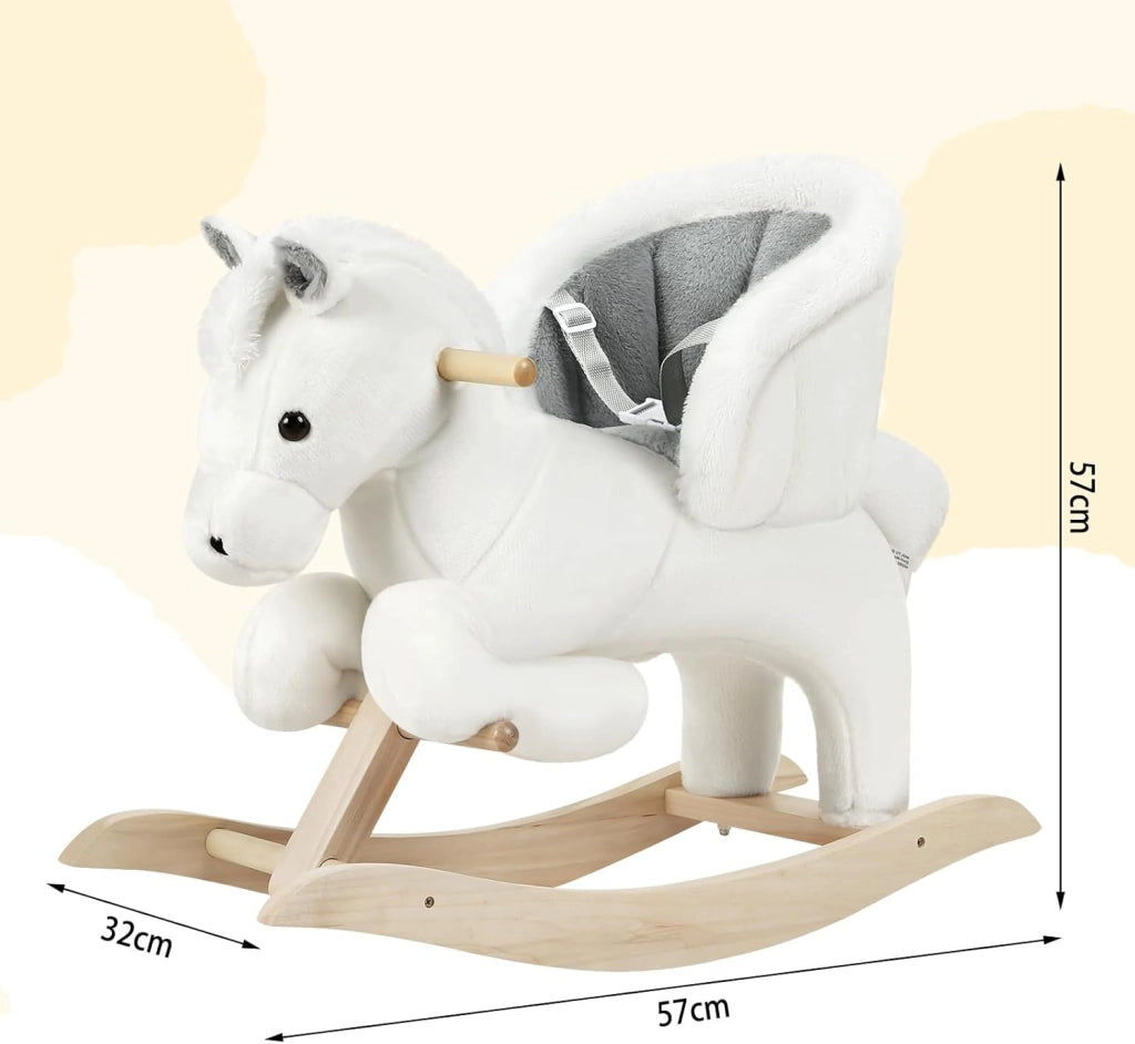Cavallo a Dondolo in Legno Cavalluccio per Bambini Peluche Giocattolo Cavalcabile con Suoni e Cintura di Sicurezza Regalo Bimbi 1/2/3 Anni, Bianco e Grigio
