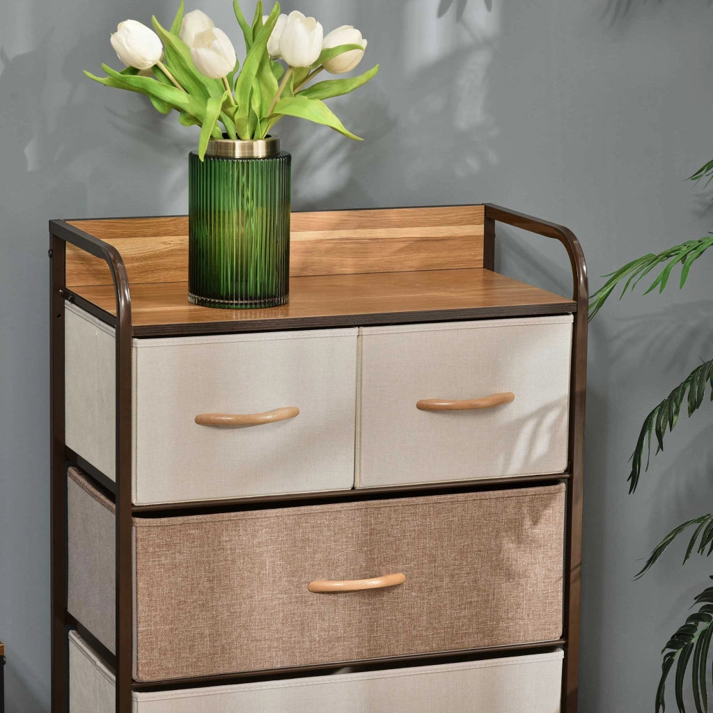Cassettiera con 5 Cassetti in Tessuto e Ripiano rigido 58x29x99 cm in Legno