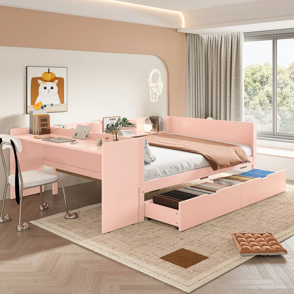 Letto basso con scrivania in pino e truciolare 140x200 cm