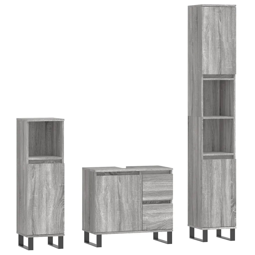 Set Mobili da Bagno | Armadio da bagno 3 pz Grigio Sonoma in Legno Multistrato