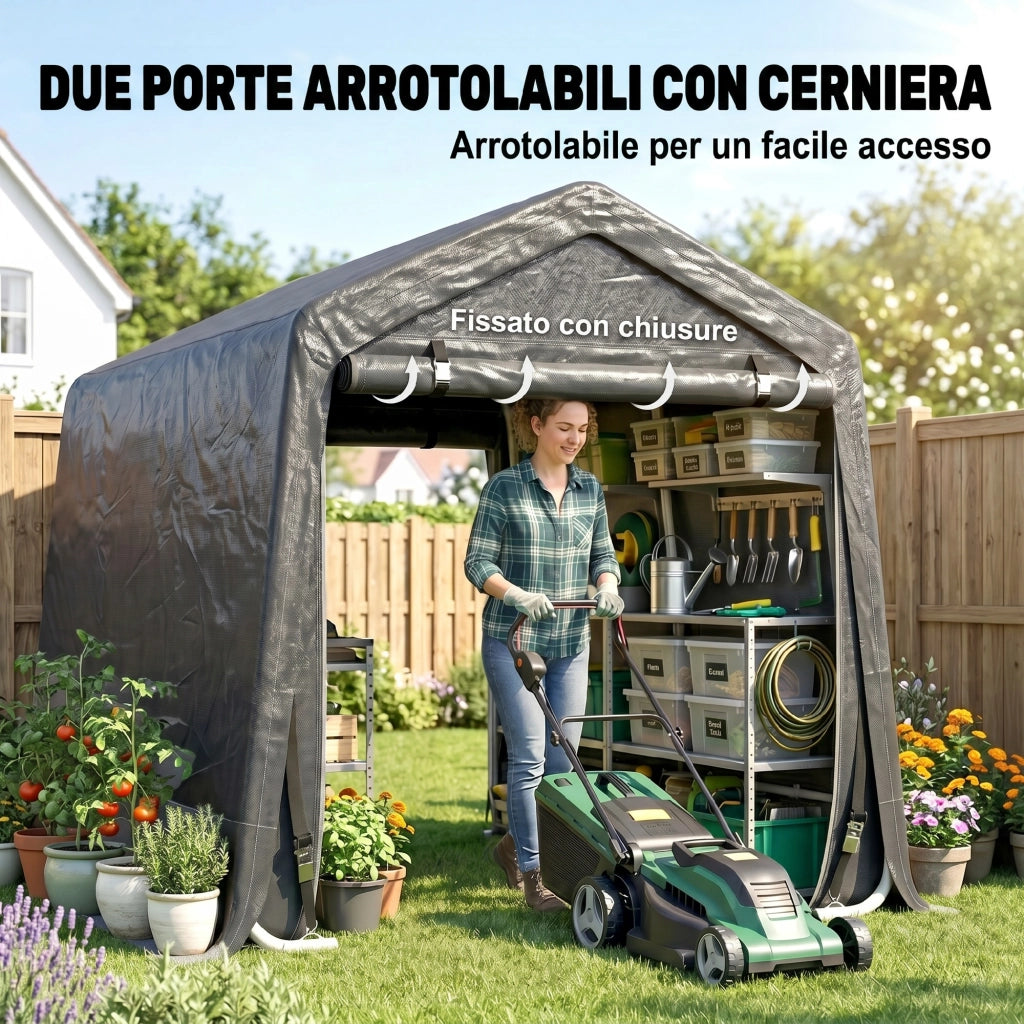 Tendone Garage per Auto, Moto e Attrezzi, in Metallo e Tessuto PE, 280x240x240 cm, Grigio