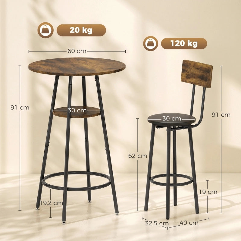TAVOLO BAR Set da 2 con sgabelli imbottiti, struttura in metallo, Marrone rustico
