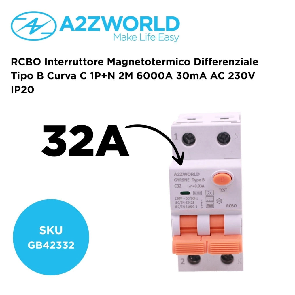 RCBO Interruttore Magnetotermico Differenziale Tipo B Curva C 1P+N 2M 6000A 30mA AC 230V IP20 Disponibili 16A 20A 25A 32A 40A (C32A)