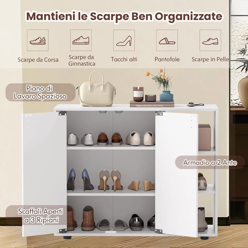 Mobiletto per Scarpe con Ante, Scaffale Porta Scarpe a 3 Ripiani con Mensole Regolabili, Organizzatore in Legno per Ingresso, Corridoio e Soggiorno, 80 x 31 x 64,5 cm (Bianco)