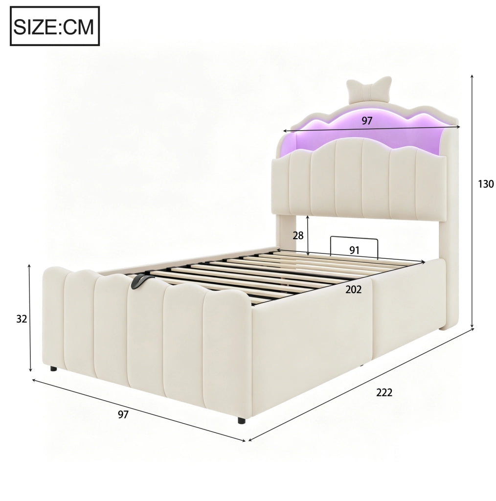 Letto per bambini imbottito ULEVR 90x200 cm con contenitore idraulico, LED a colori, USB e USB-C, beige