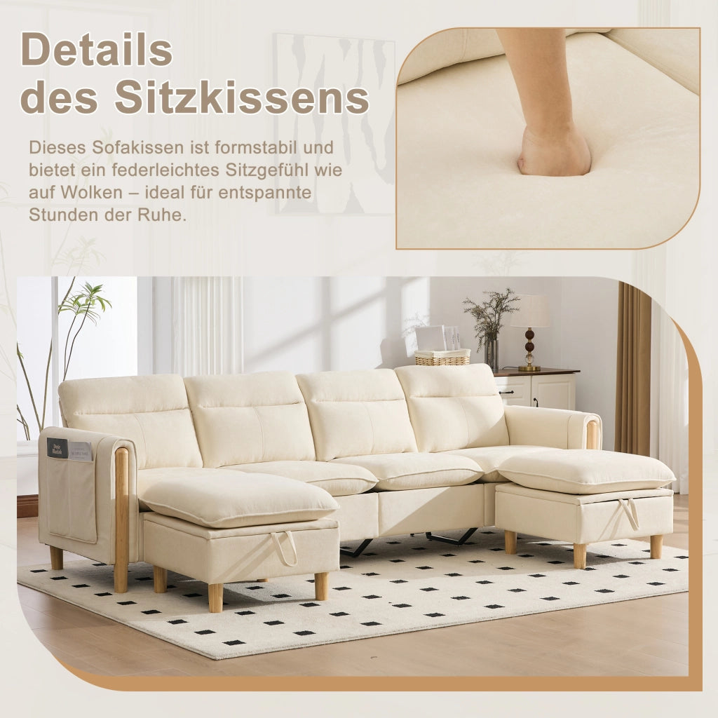 Divano a U modulare per 4 persone con 2 pouf contenitore, tasche laterali e piedi in legno massello in ciniglia beige