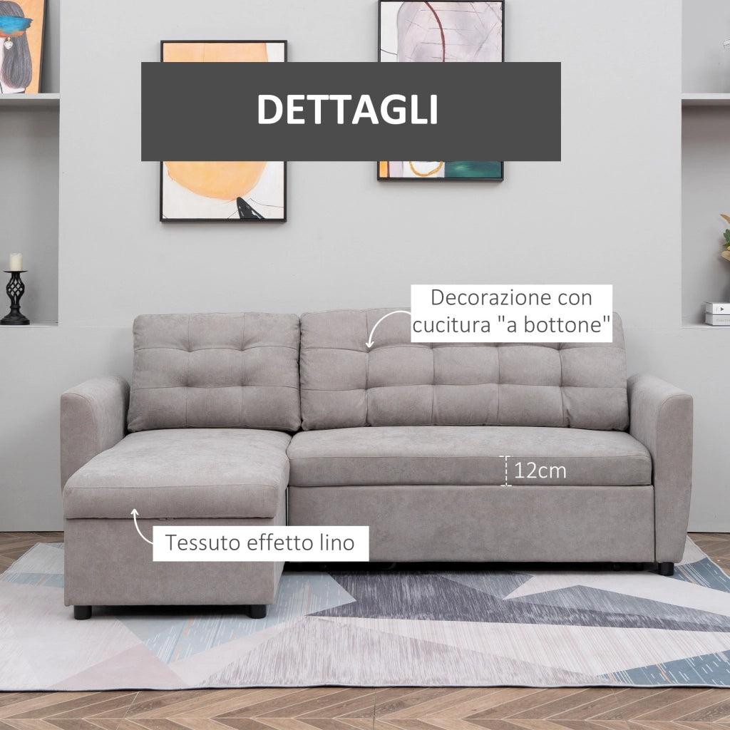 EasyComfort Divano Letto 3 Posti con Chaise Longue Contenitore in Tessuto, 217x134x85cm, Grigio