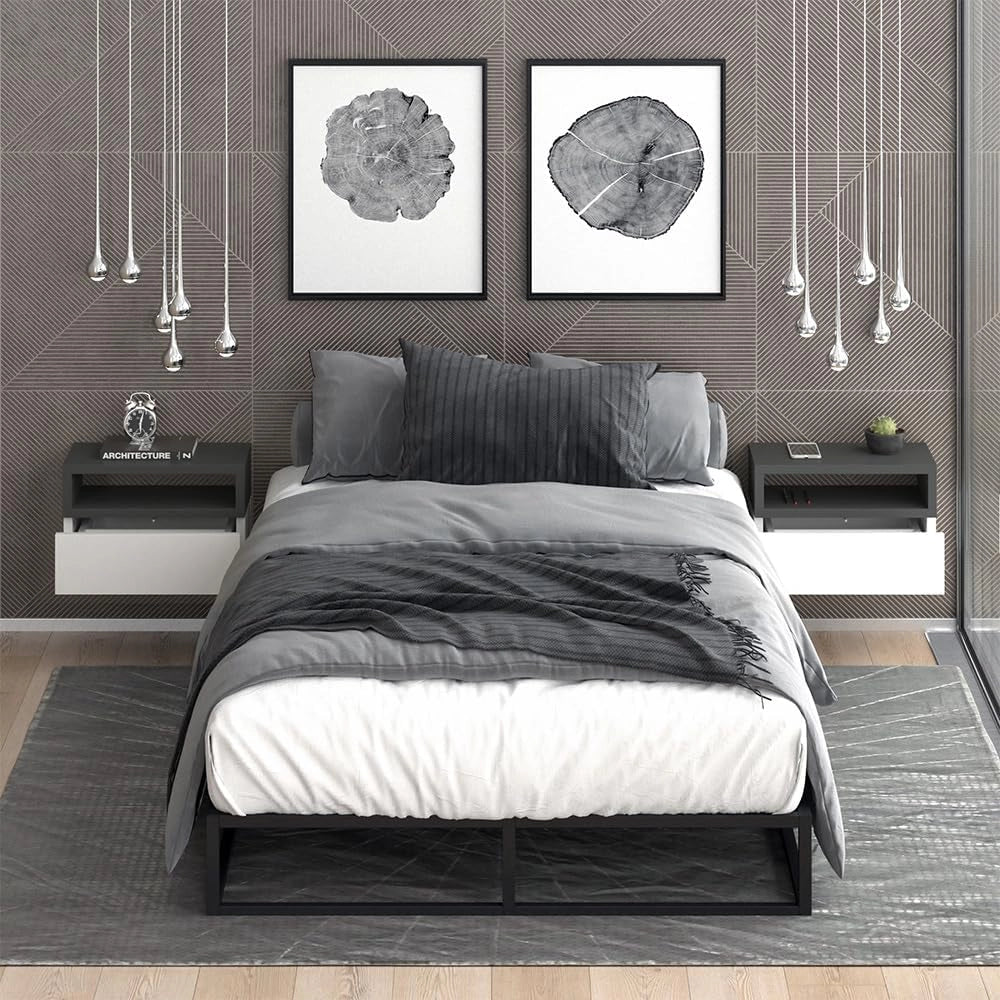 Comodino camera da letto Urbano, Antracite, Set di 2, montabile a parete per un utilizzo salvaspazio in camera da letto