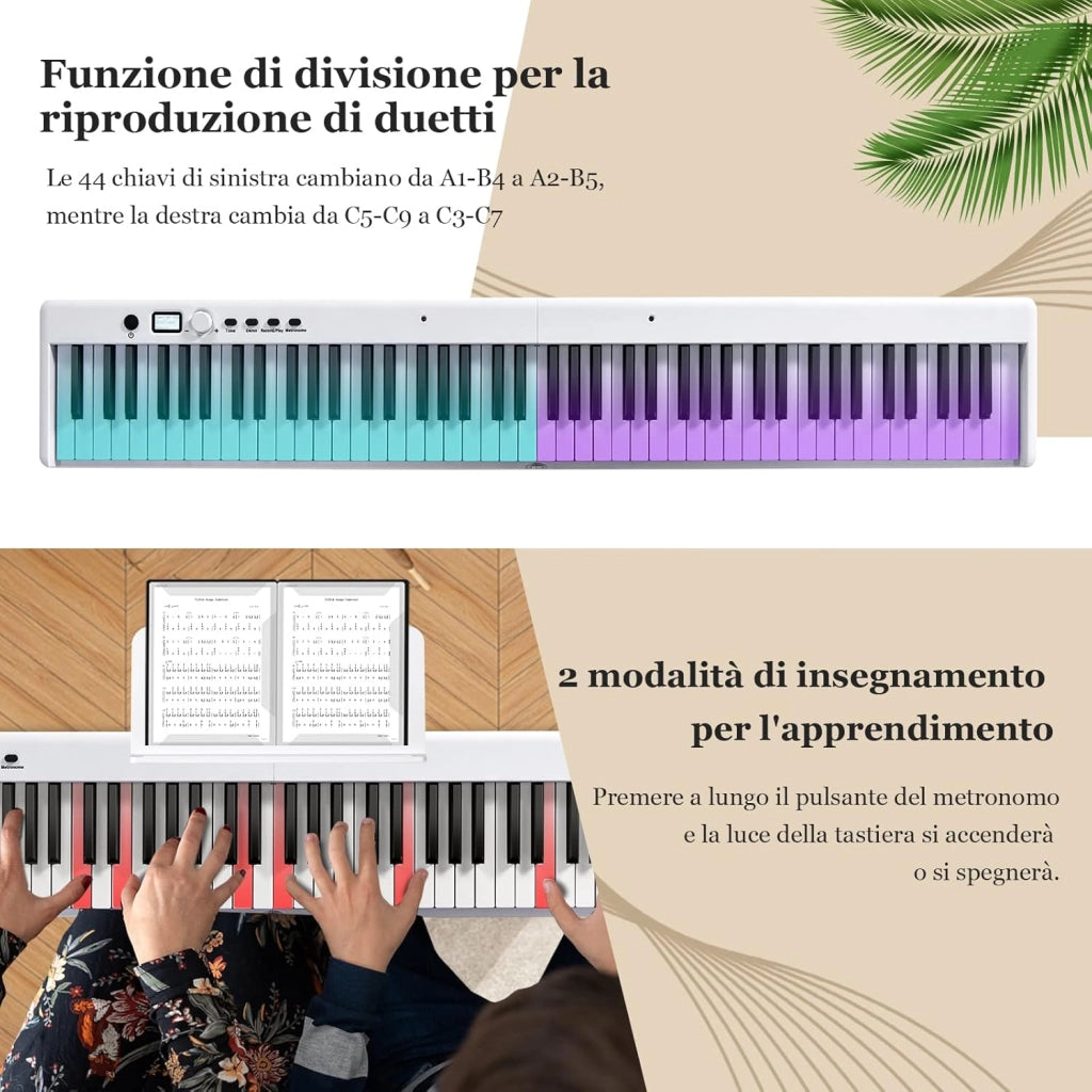 Tastiera Elettronica 88 Tasti Illuminati, Pianoforte Digitale Pieghevole Portatile con Custodia, Sustain Pedali, Modalità di Insegnamento, MP3/USB/MIDI/Bluetooth (Bianco)