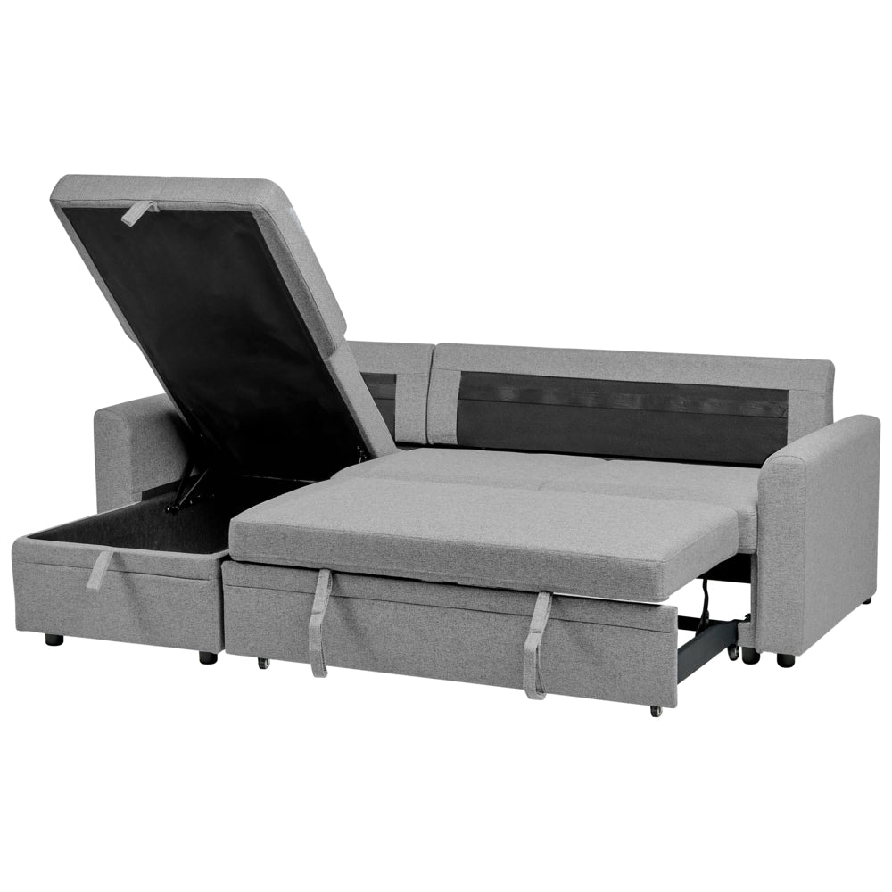 Divano letto angolare con contenitore lato destro grigio rivestimento in poliestere effetto lino contenitore cuscini design moderno