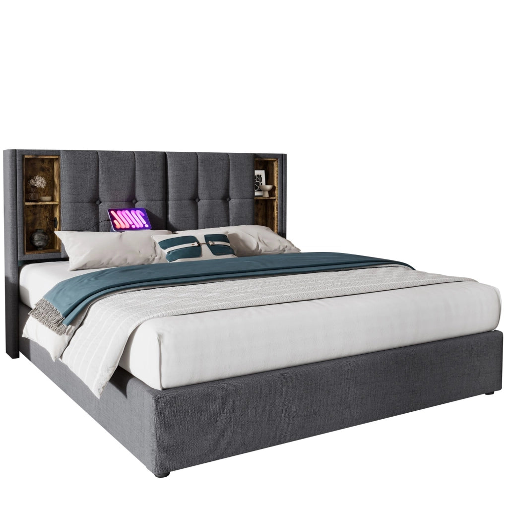 Letto matrimoniale 206x185x100.5 cm con ricarica wireless; USB e Type C in cotone grigio