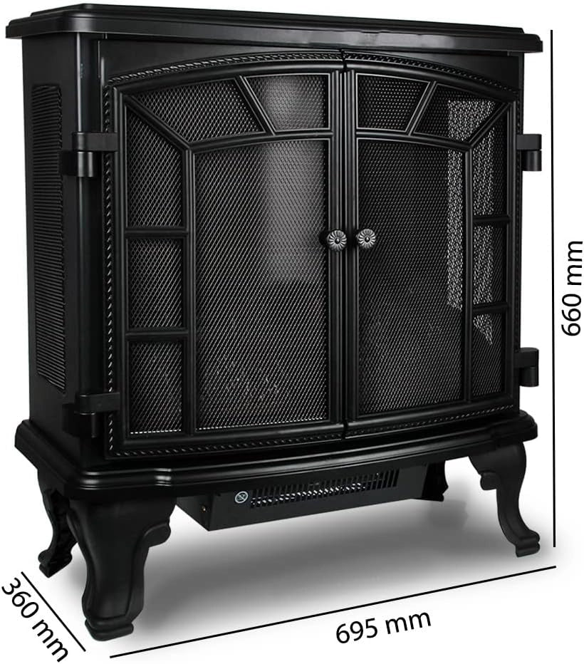 DEUBA® Caminetto Elettrico 2000W Termocamino Luce LED Effetto Fiamma Realistico Stufa Elettrica Camino Nero Doppia Porta