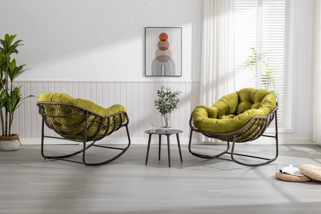 Rocking-chair in rattan sintetico con struttura in acciaio e design ergonomico, verde oliva 78 × 106 × 90 cm