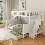 OKWISH Letto a Castello 90×200 cm e 140×200 cm, Letto 3 Posti con Contenitori, Letto Estraibile, Scala e Scivolo, senza Materasso, Bianco