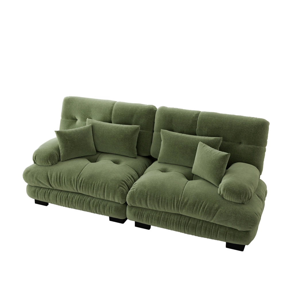 Divano angolare modulare in chenille verde con cuscini decorativi e lombari per soggiorno e ufficio