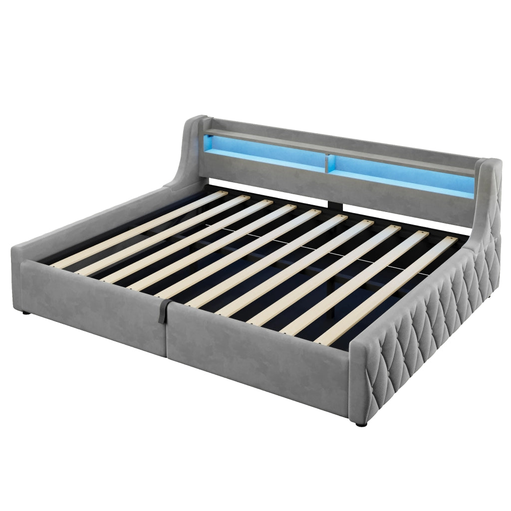 Letto Singolo 140x200 cm con Contenitore; LED Multicolore; in Flanella; Grigio