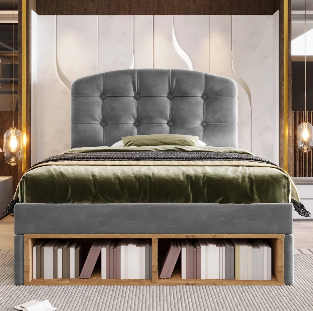 Letto singolo 90x200 cm con cassetti e vano contenitore; velluto grigio