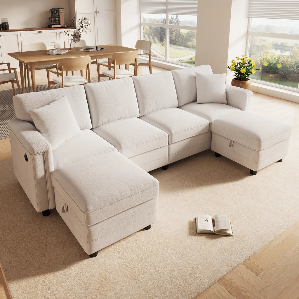 Divano modulare beige 261x134x82 cm con pouf contenitore; USB e Type-C