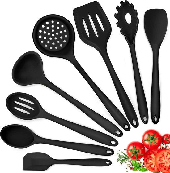 Set di utensili da cucina in silicone a 8 pezzi con trattamento antiaderente resistente al calore, nero