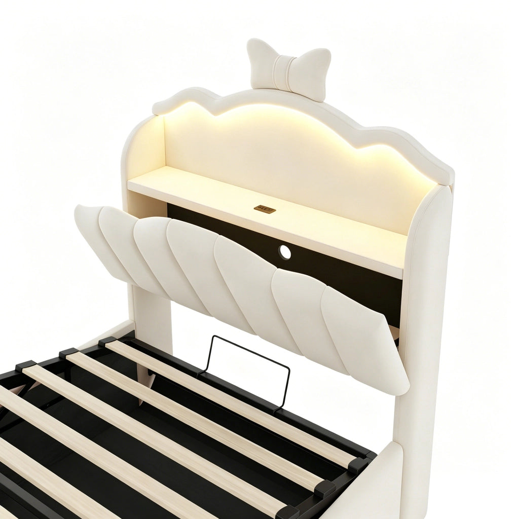 Letto per bambini imbottito 90x200 cm con contenitore idraulico; LED; USB e USB-C; beige