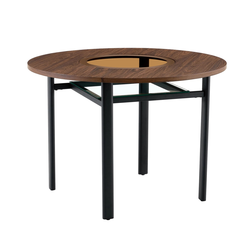 Tavolo da pranzo rotondo 100 cm in MDF marrone, vetro e metallo