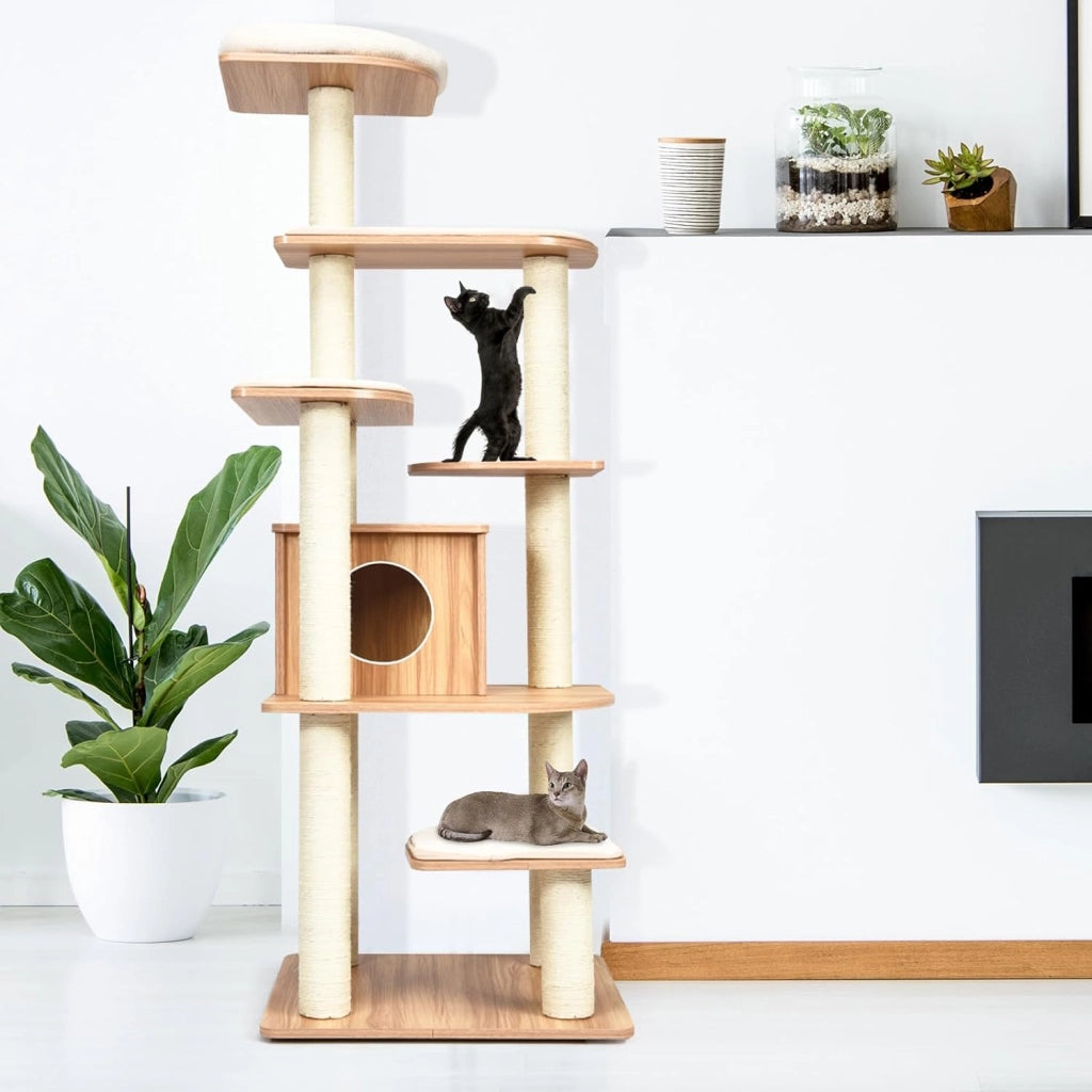 Tiragraffi grande 175 cm di altezza, robusto albero per gatti in legno, con 6 piattaforme, casetta per gatti e tronchi sisal, mobili per gatti, albero attività (naturale)