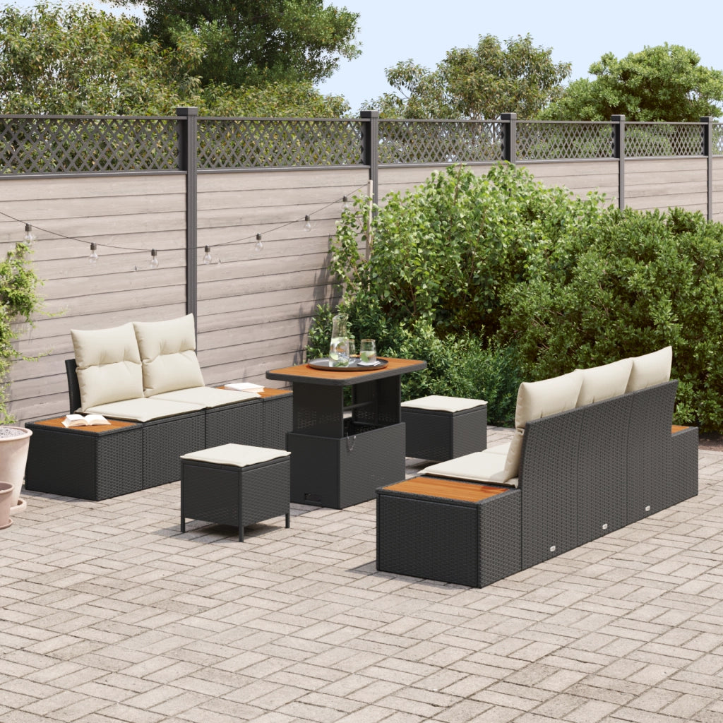 Set di divani da giardino  8 pezzi con cuscini, polyrattan nero e acacia