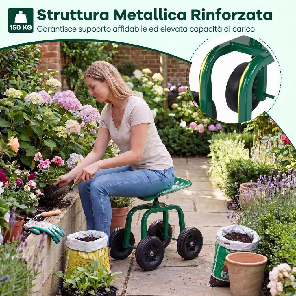 Sgabello con Ruote per Giardinaggio, Sedile con Ruote Regolabile in Altezza e Portatile, Seggiolino da Giardino, Prato e Cortile, Portata 150kg (Verde)