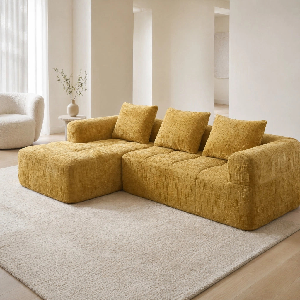DIVANO Angolare 250x158x60 cm in Chenille Giallo con 3 cuscini