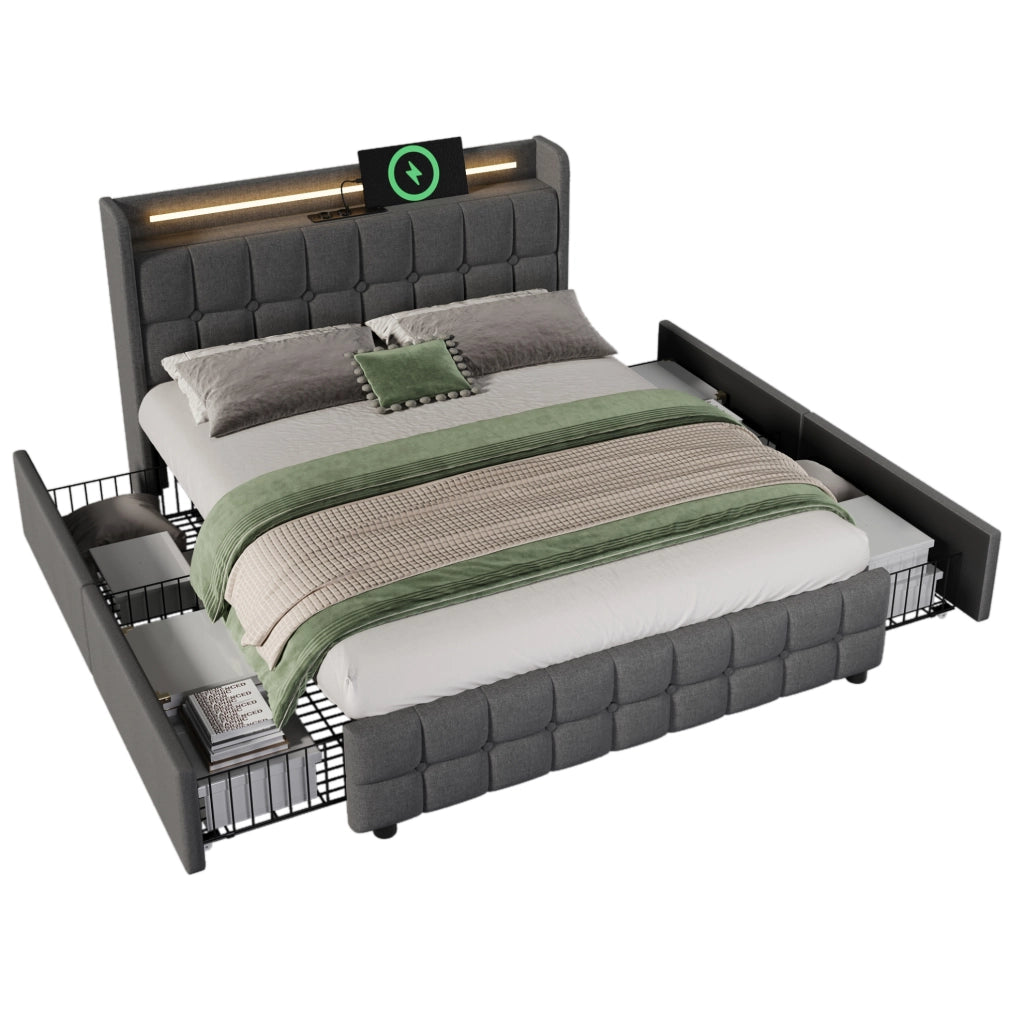 Letto imbottito 140x200 cm grigio con LED, prese USB e 4 cassetti