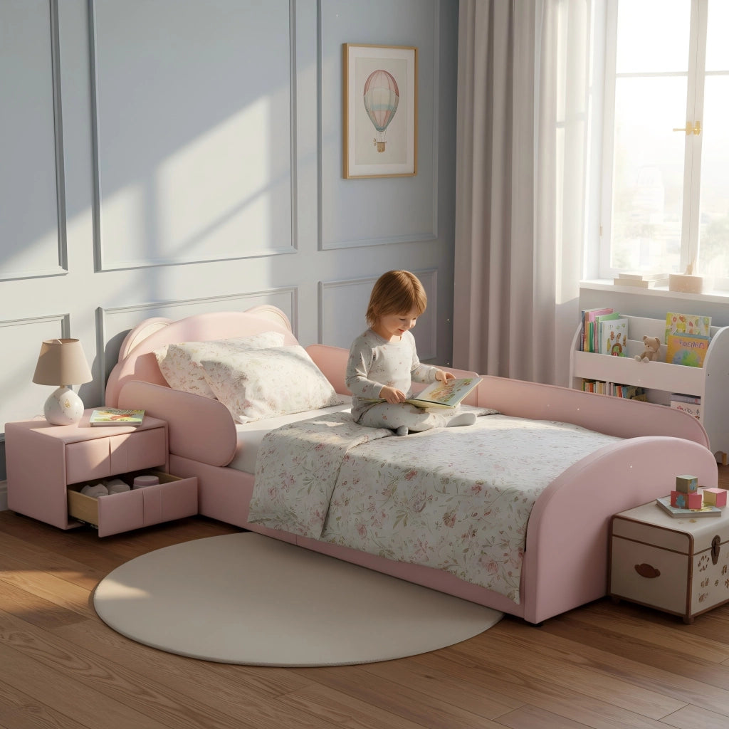 DESMIU Letto bambini 90 × 200 cm con testiera orso, comodino coordinato, senza materasso, in PU, rosa