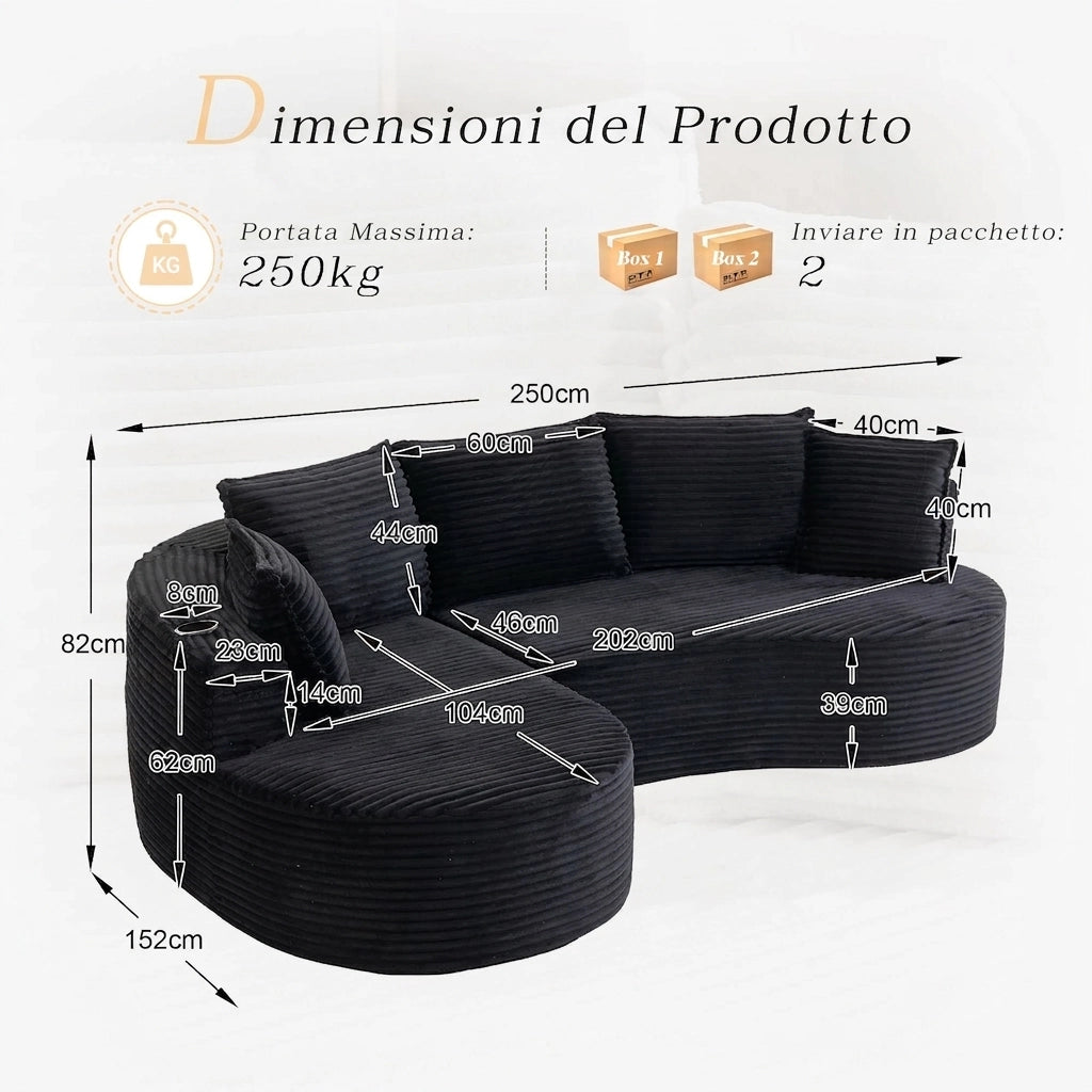 Divano curvo moderno 250 cm in velluto a coste con portabicchieri e tasche; schiuma alta densità