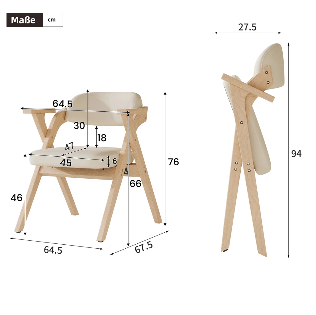 Set di 2 sedie da pranzo pieghevoli in legno massello con cuscino in lino beige