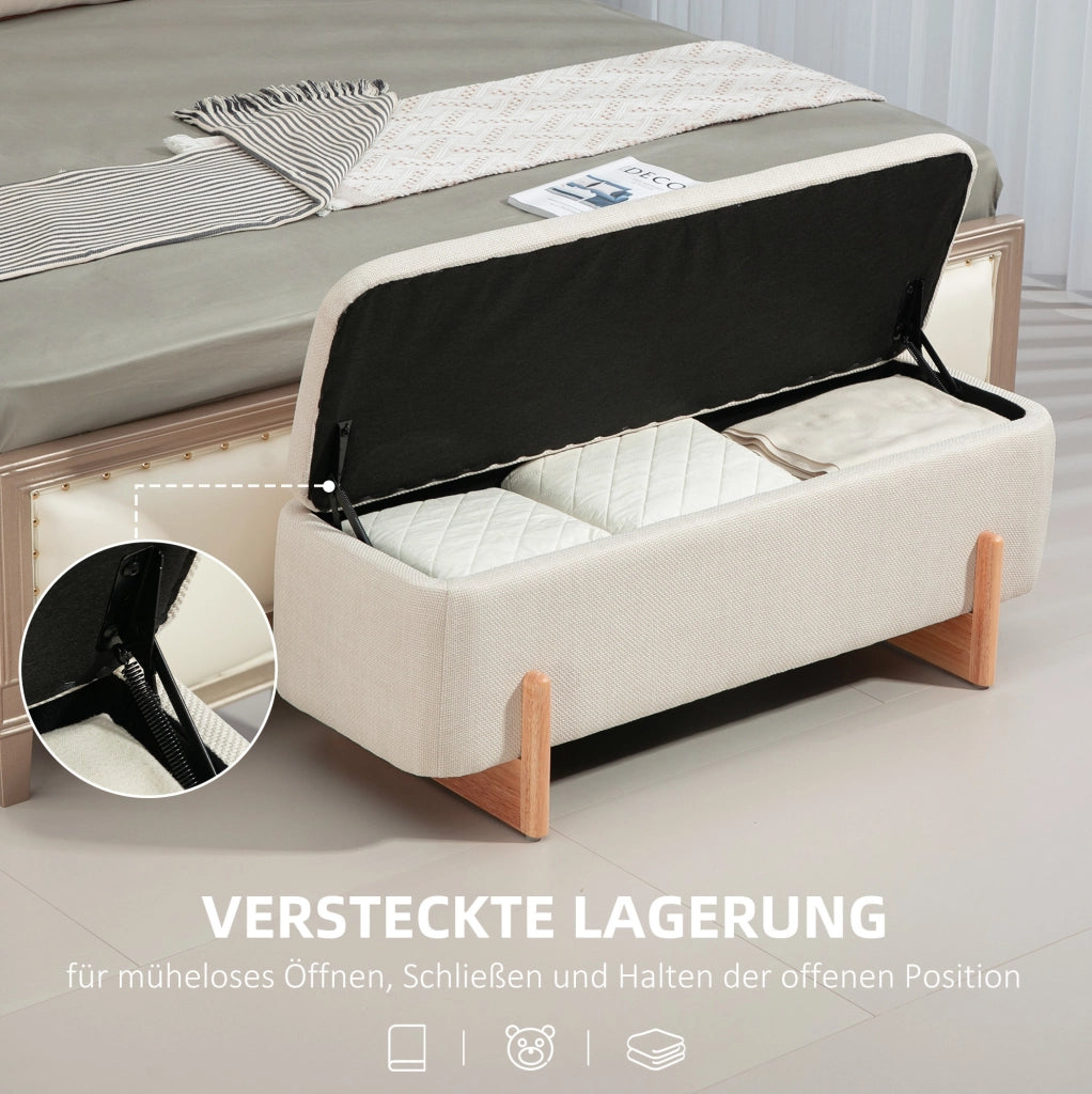 Panca contenitore imbottita beige con gambe in faggio