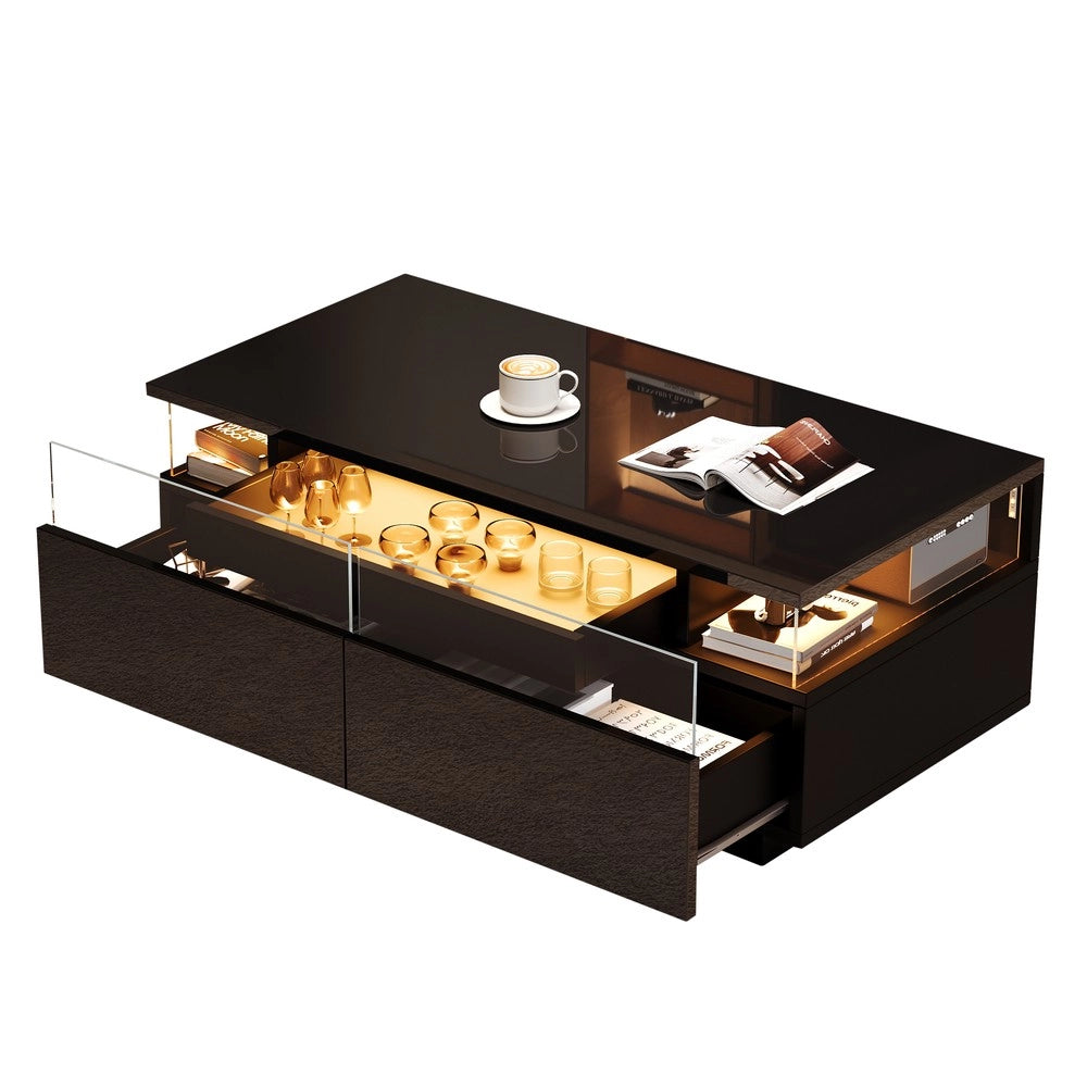 Tavolino da Caff¨¨ con LED e Cassetti ¨C MINIMAL ¨C Vetro Temperato, Nero, 90x45x35.5 cm
