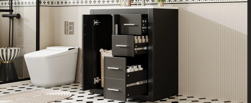 Mobile sottolavabo con lavabo in ceramica 2 ante e 3 cassetti per bagno in MDF e ceramica nero 76 × 46,5 × 85,5 cm